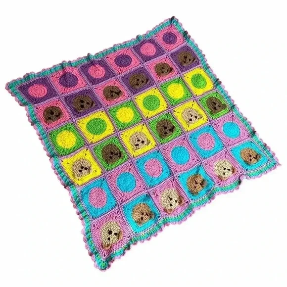 Handmade Crochet Teddy Bear Granny Square Baby Nursery Afghan Blanket 45x45 - Picture 2 of 6